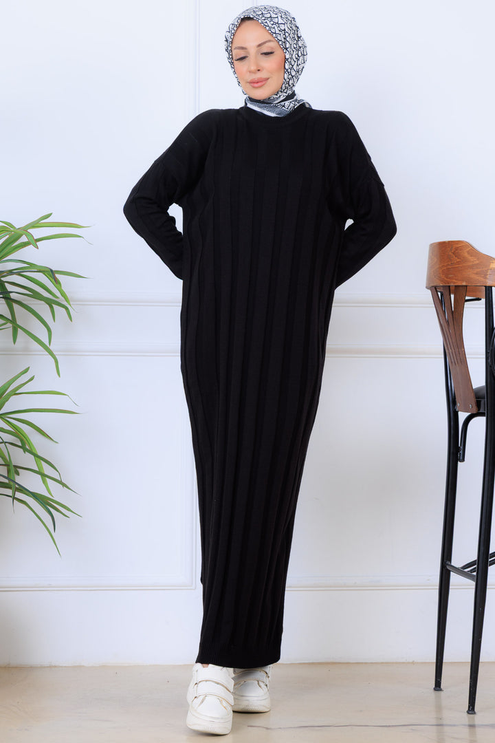 BNG Women Kendinden Çizgili Triko Elbise K3021 Siyah - Vineland