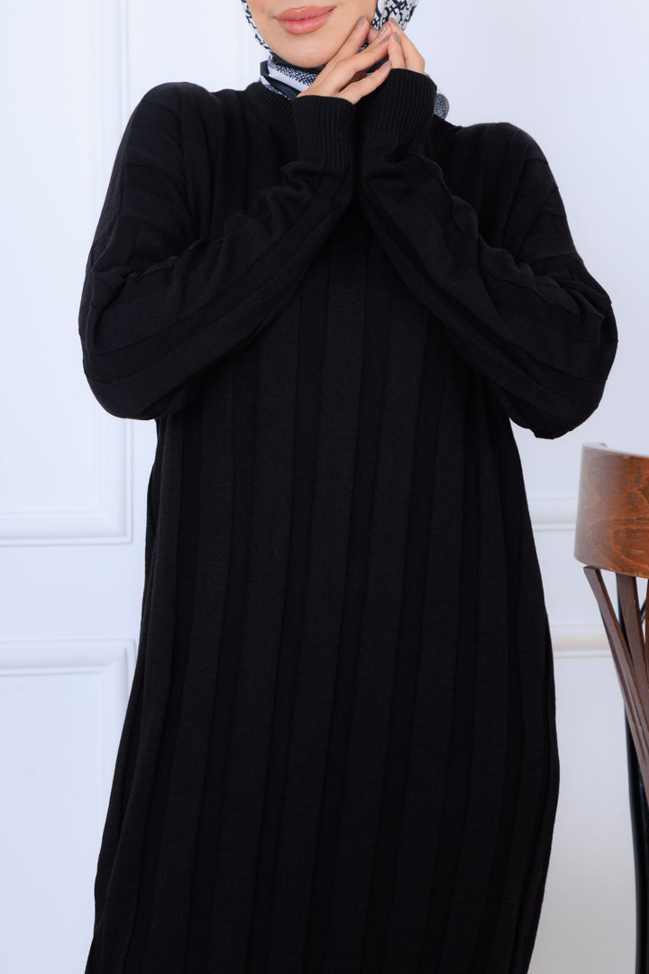 BNG Women Kendinden Çizgili Triko Elbise K3021 Siyah - Vineland