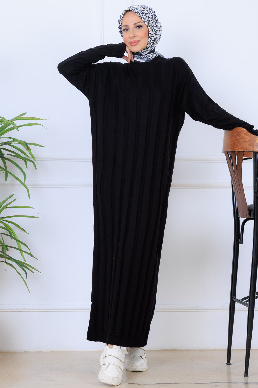 BNG Women Kendinden Çizgili Triko Elbise K3021 Siyah - Vineland