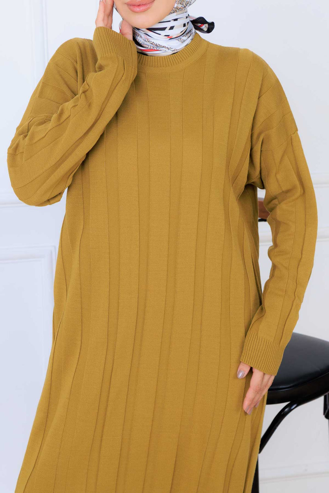 BNG Women Kendinden Çizgili Triko Elbise K3021 Yağ Yeşili - San Antonio Abad