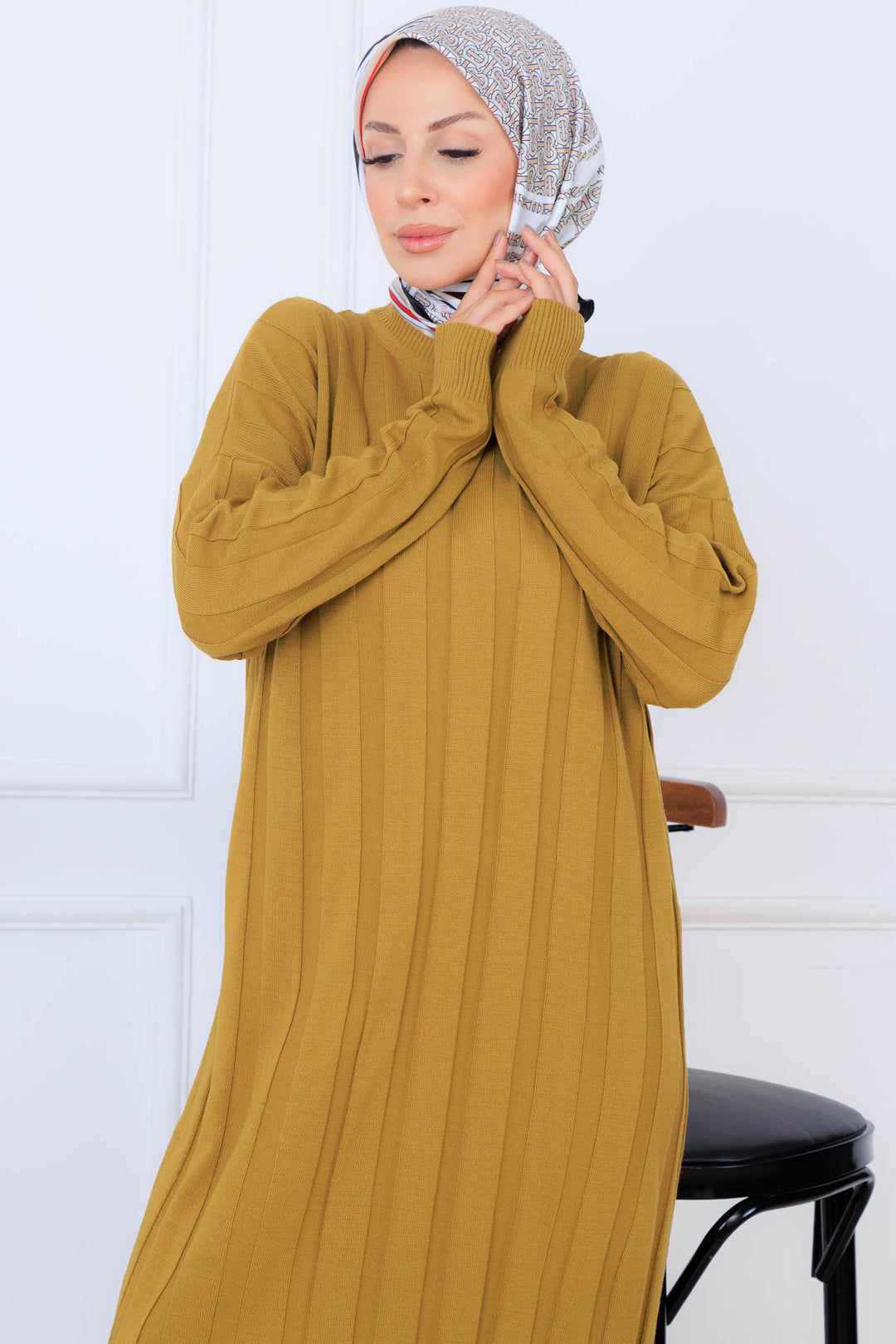 BNG Women Kendinden Çizgili Triko Elbise K3021 Yağ Yeşili - San Antonio Abad