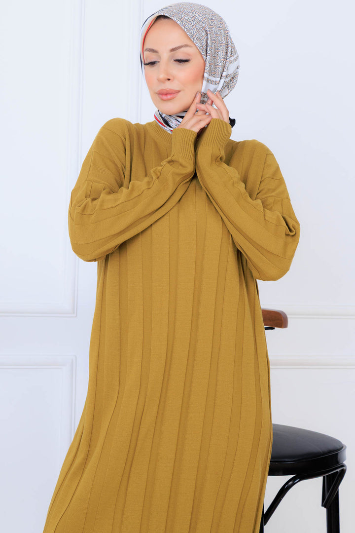 BNG Women Kendinden Çizgili Triko Elbise K3021 Yağ Yeşili - San Antonio Abad