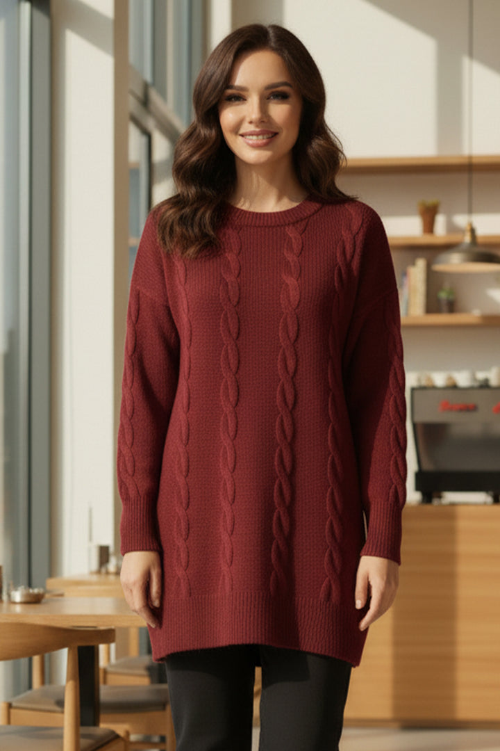 BNG Women Örgülü Triko Kazak K6005 Bordo - Santa María Atzompa