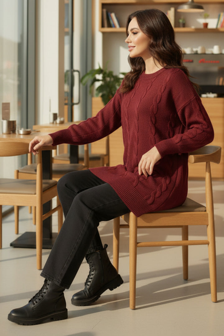 BNG Women Örgülü Triko Kazak K6005 Bordo - Santa María Atzompa