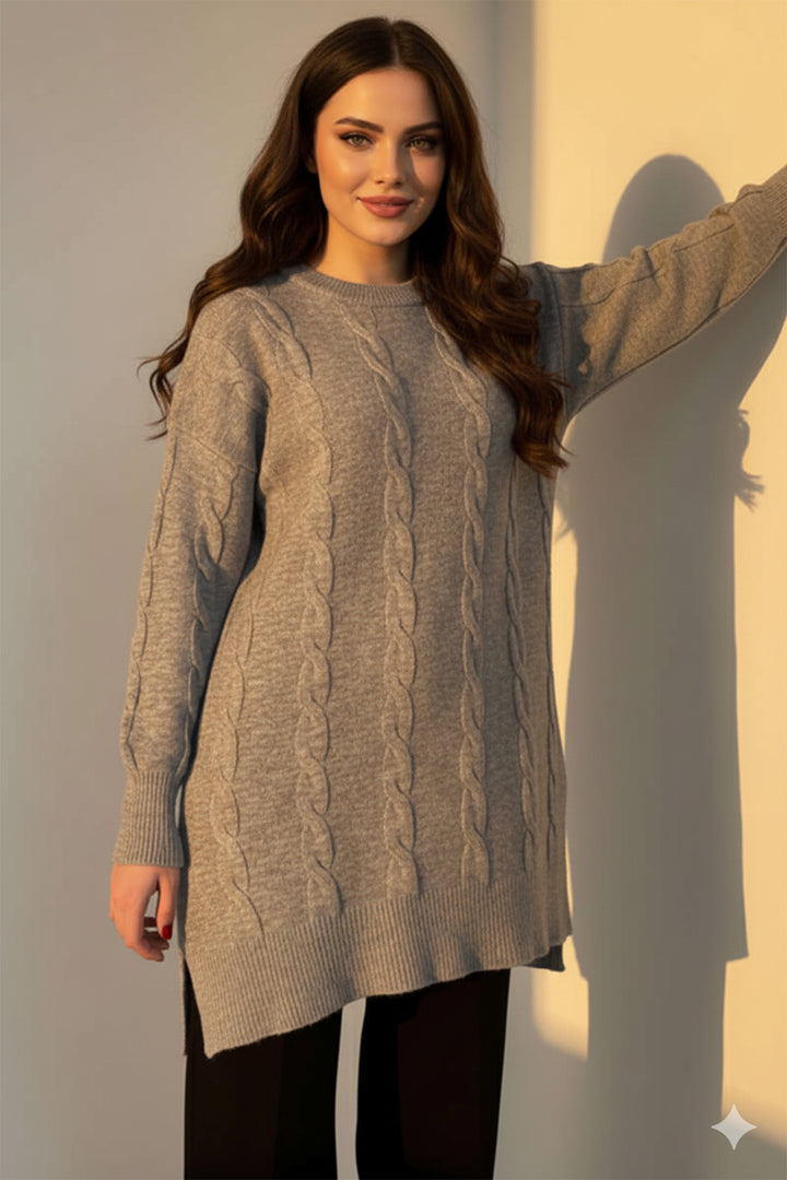 BNG Women Örgülü Triko Kazak K6005 Gri - Hitchin