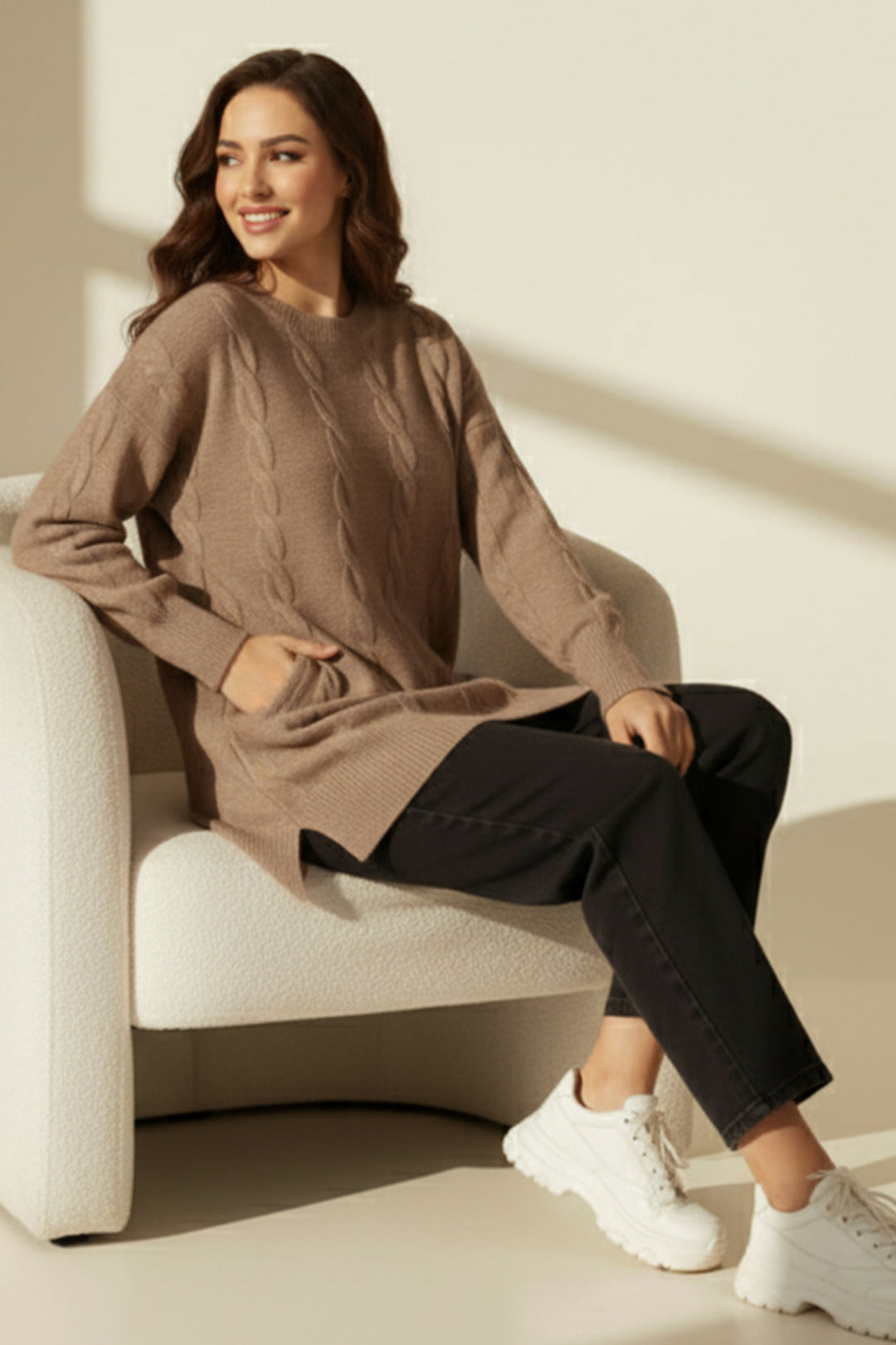 BNG Women Örgülü Triko Kazak K6005 Vizon - Kamenicë