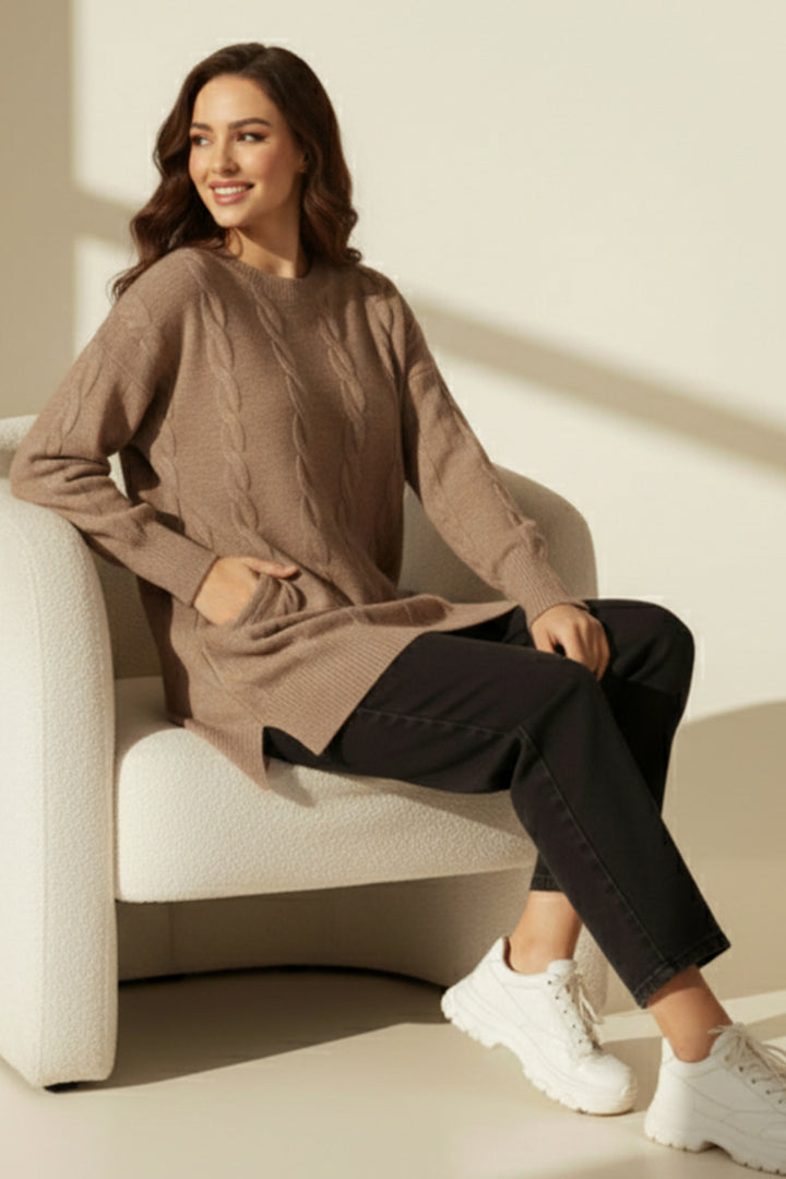 BNG Women Örgülü Triko Kazak K6005 Vizon - Kamenicë