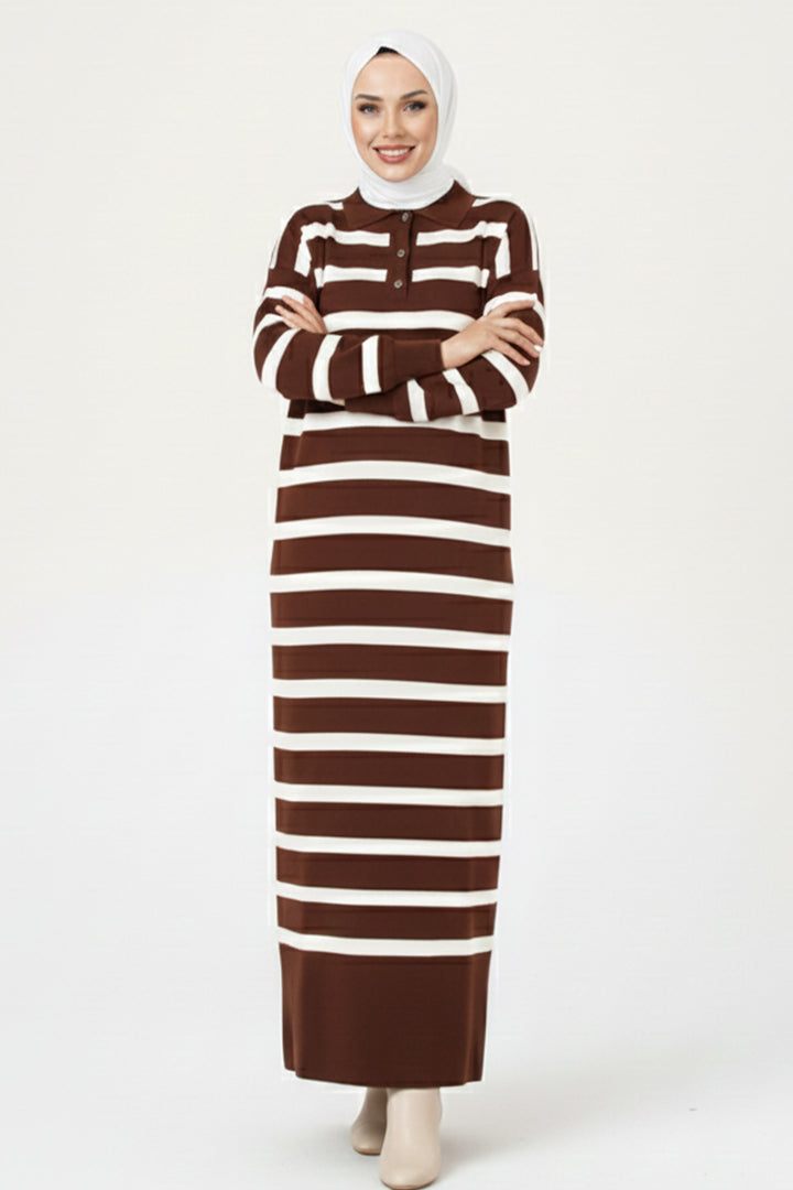 BNG Women Button Detailed Striped Knit Dress 11031 Brown - Călăraşi