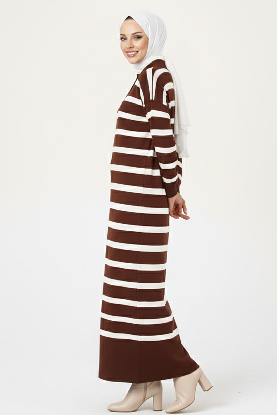 BNG Women Button Detailed Striped Knit Dress 11031 Brown - Călăraşi