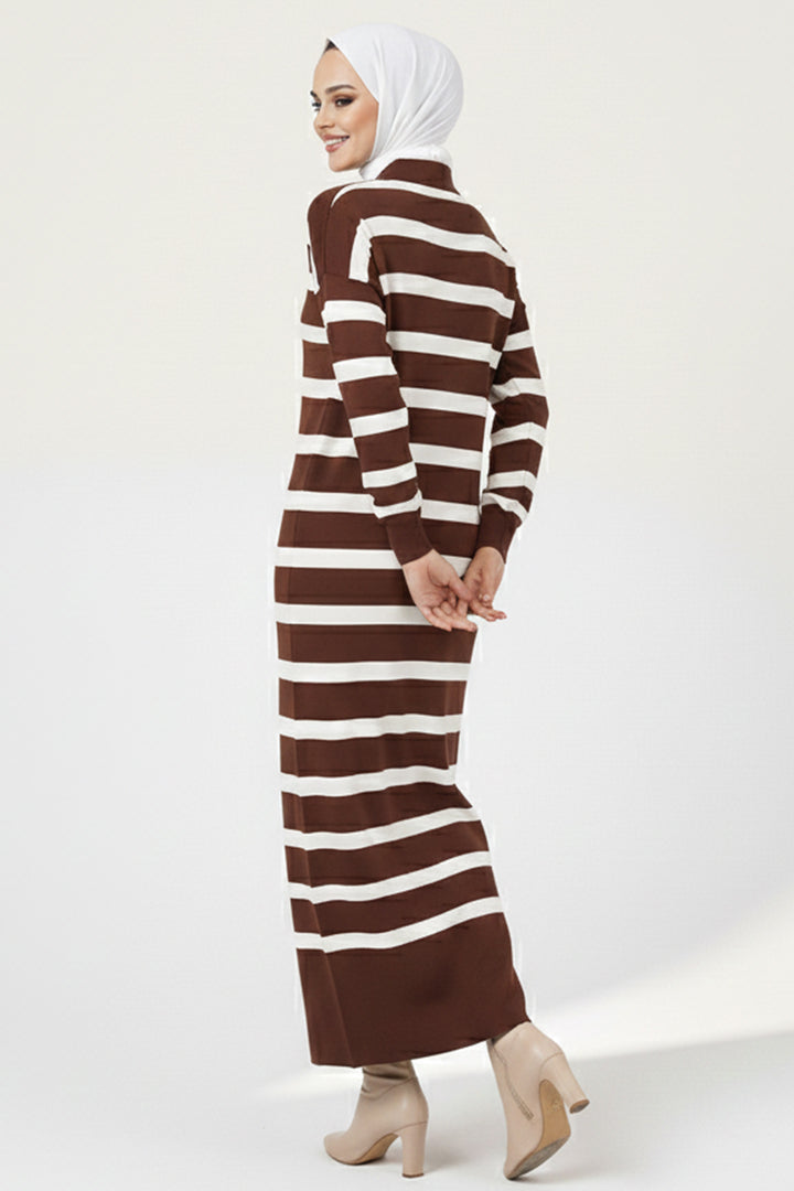 BNG Women Button Detailed Striped Knit Dress 11031 Brown - Călăraşi