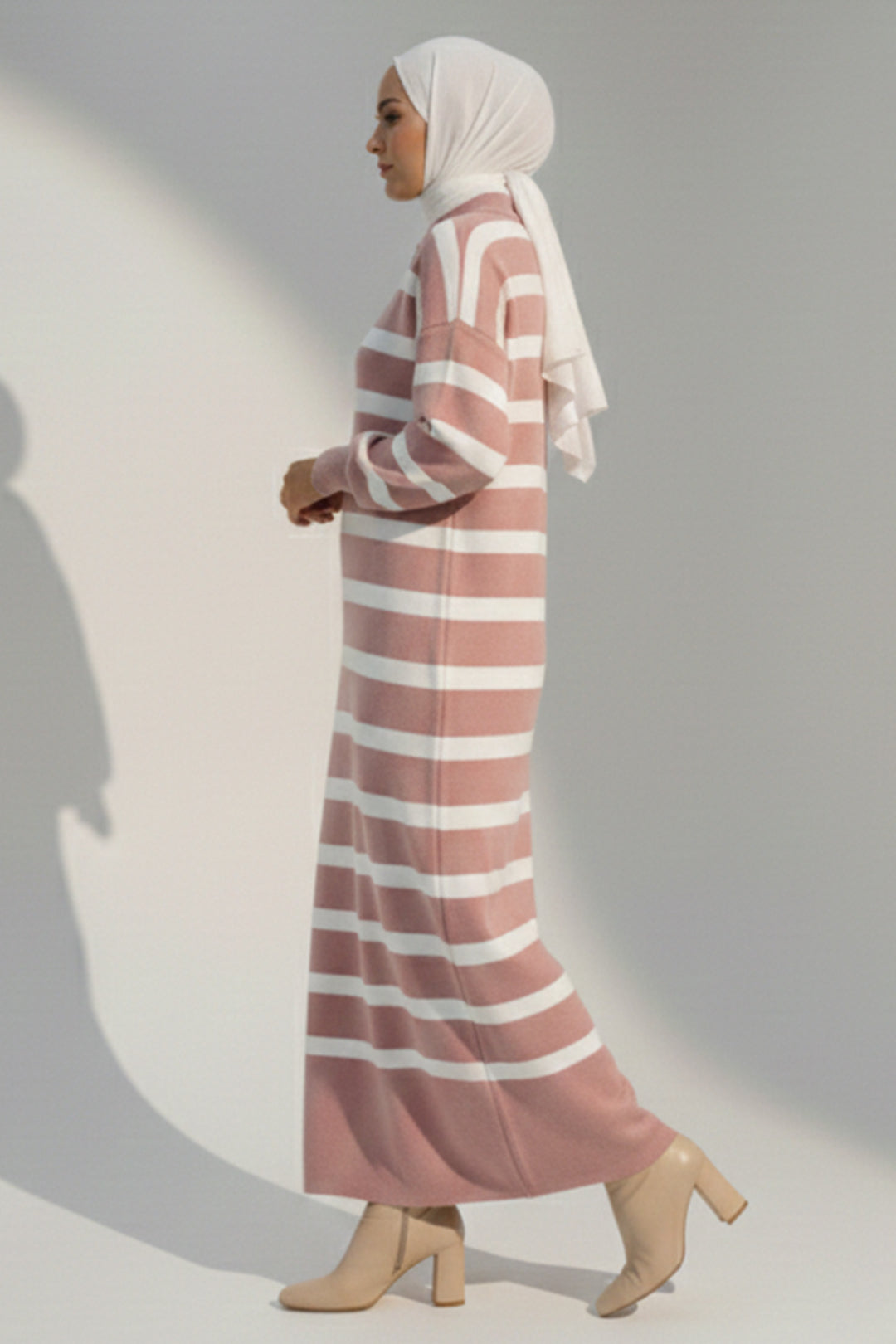 BNG Women Yakası Düğme Detaylı Çizgili Triko Elbise 11031 Pudra - Beverly