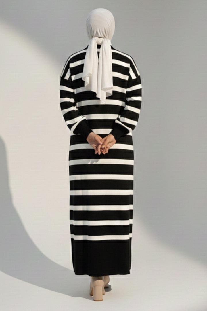 BNG Women Yakası Düğme Detaylı Çizgili Triko Elbise 11031 Siyah - Clovis