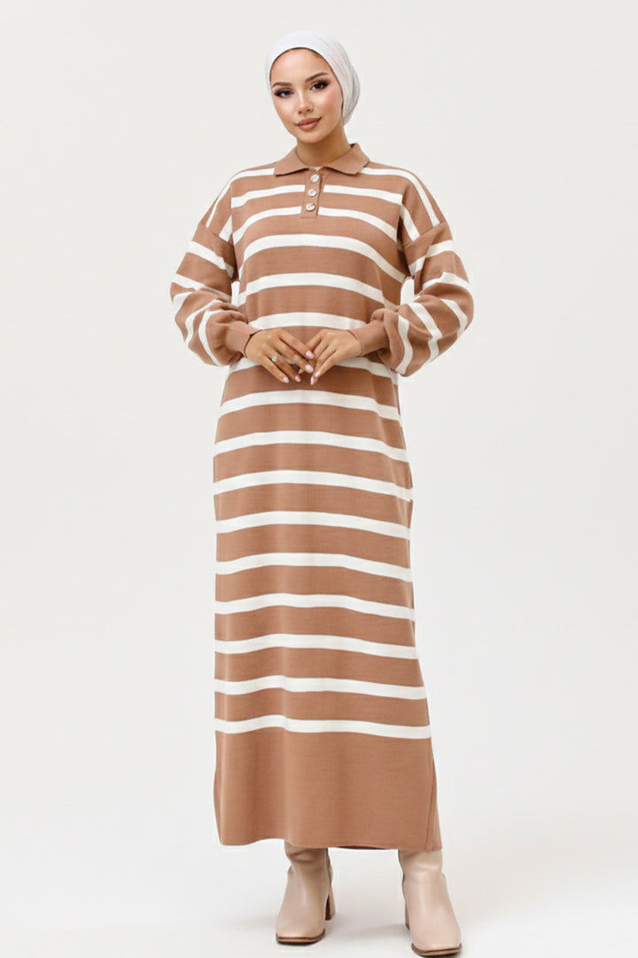 BNG Women Yakası Düğme Detaylı Çizgili Triko Elbise 11031 Vizon - Ixtlahuaca