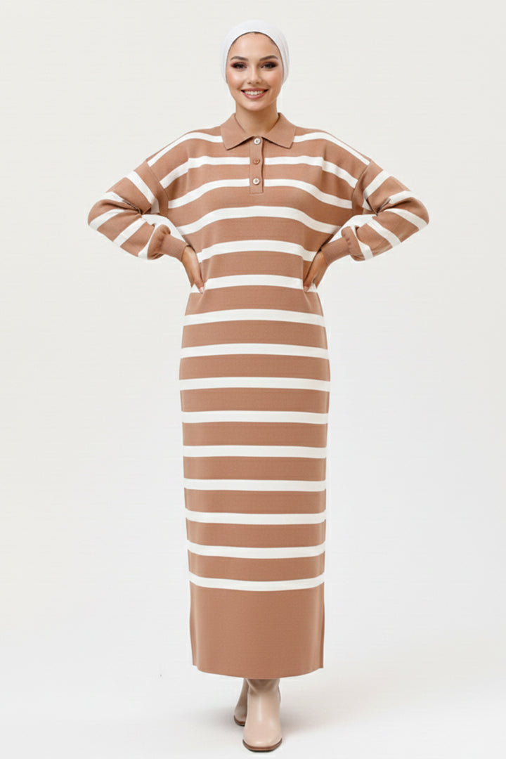 BNG Women Yakası Düğme Detaylı Çizgili Triko Elbise 11031 Vizon - Ixtlahuaca