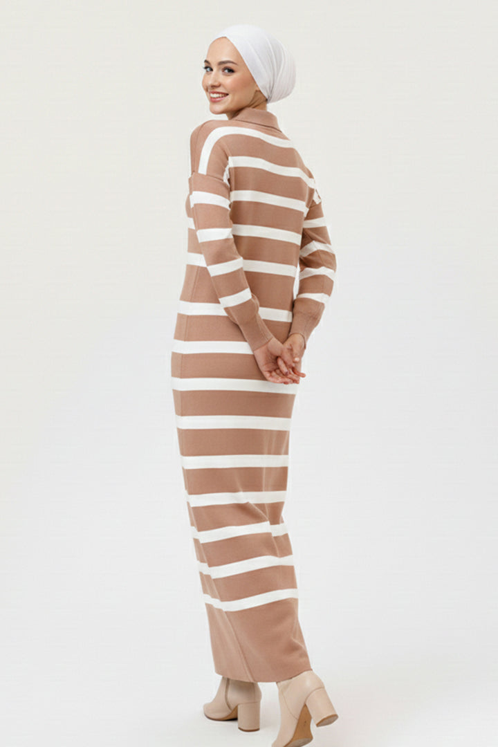 BNG Women Yakası Düğme Detaylı Çizgili Triko Elbise 11031 Vizon - Ixtlahuaca