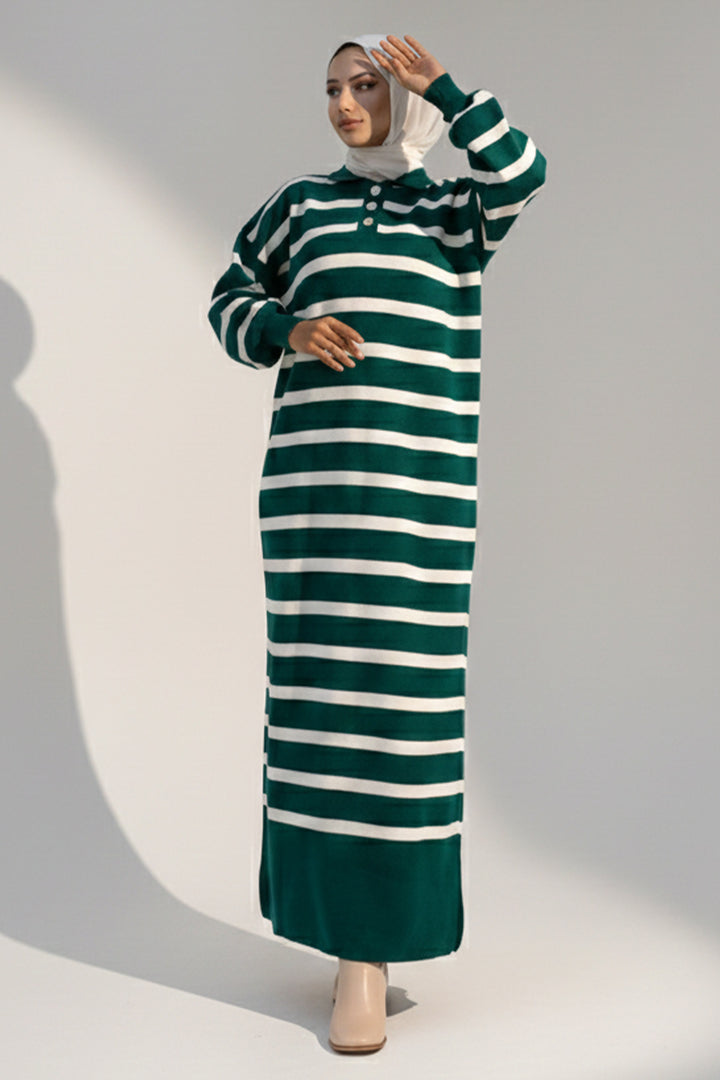 BNG Women Button Detailed Striped Knit Dress 11031 Emerald Green - Vitrolles