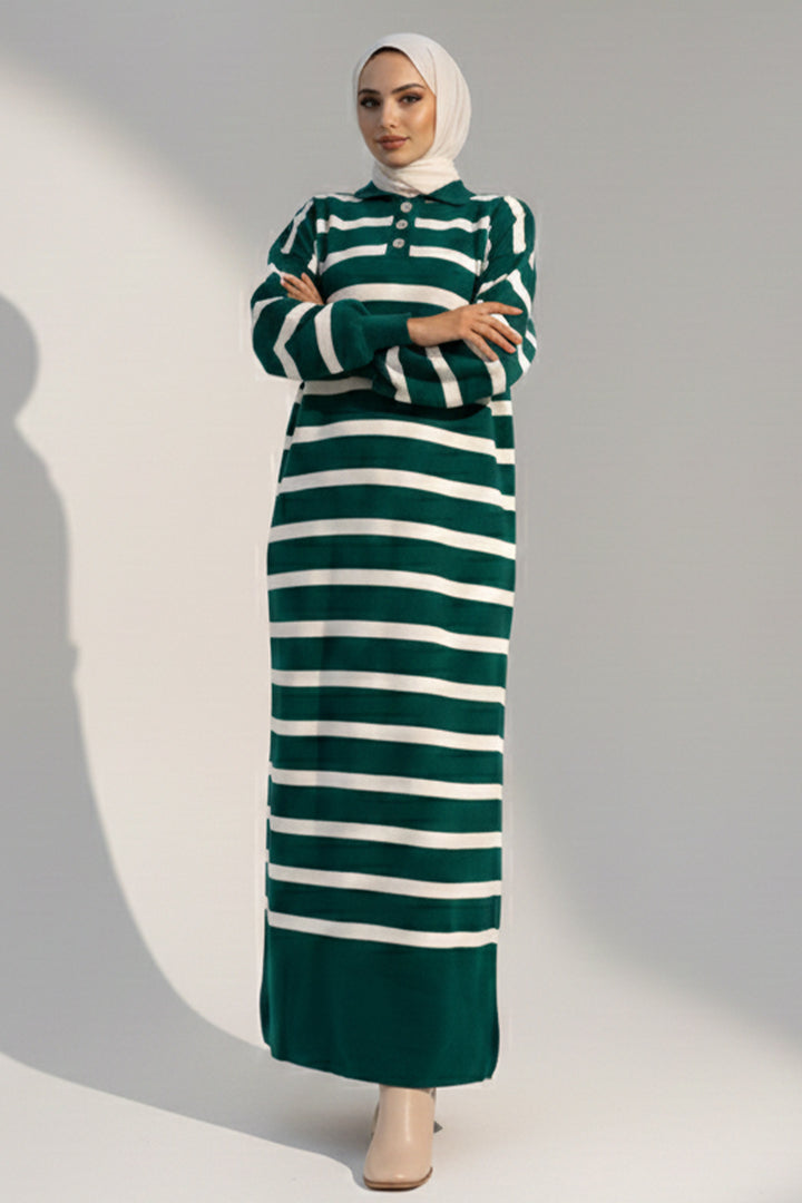 BNG Women Button Detailed Striped Knit Dress 11031 Emerald Green - Vitrolles