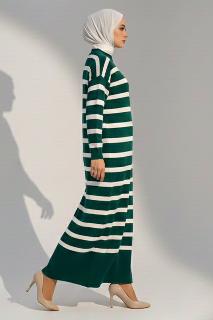 BNG Women Button Detailed Striped Knit Dress 11031 Emerald Green - Vitrolles