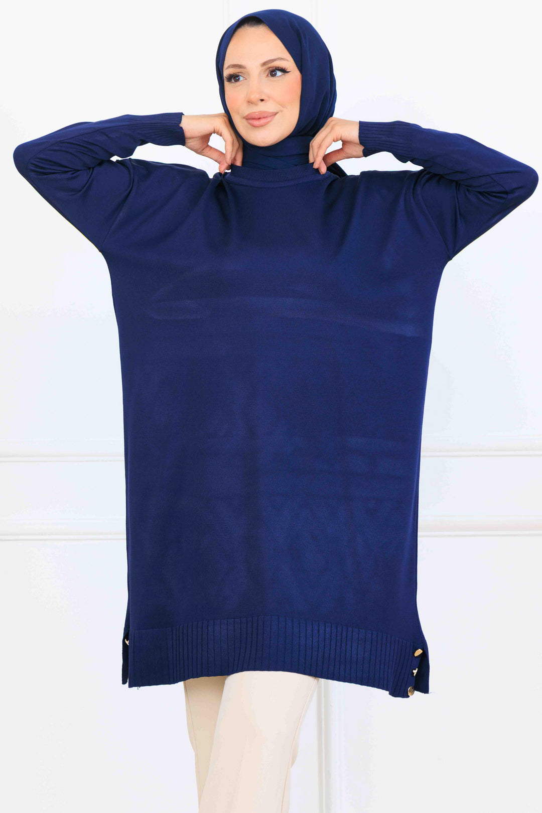 BNG Women Kolu Desenli Merserize Tunik K5012 Lacivert - Pachuca