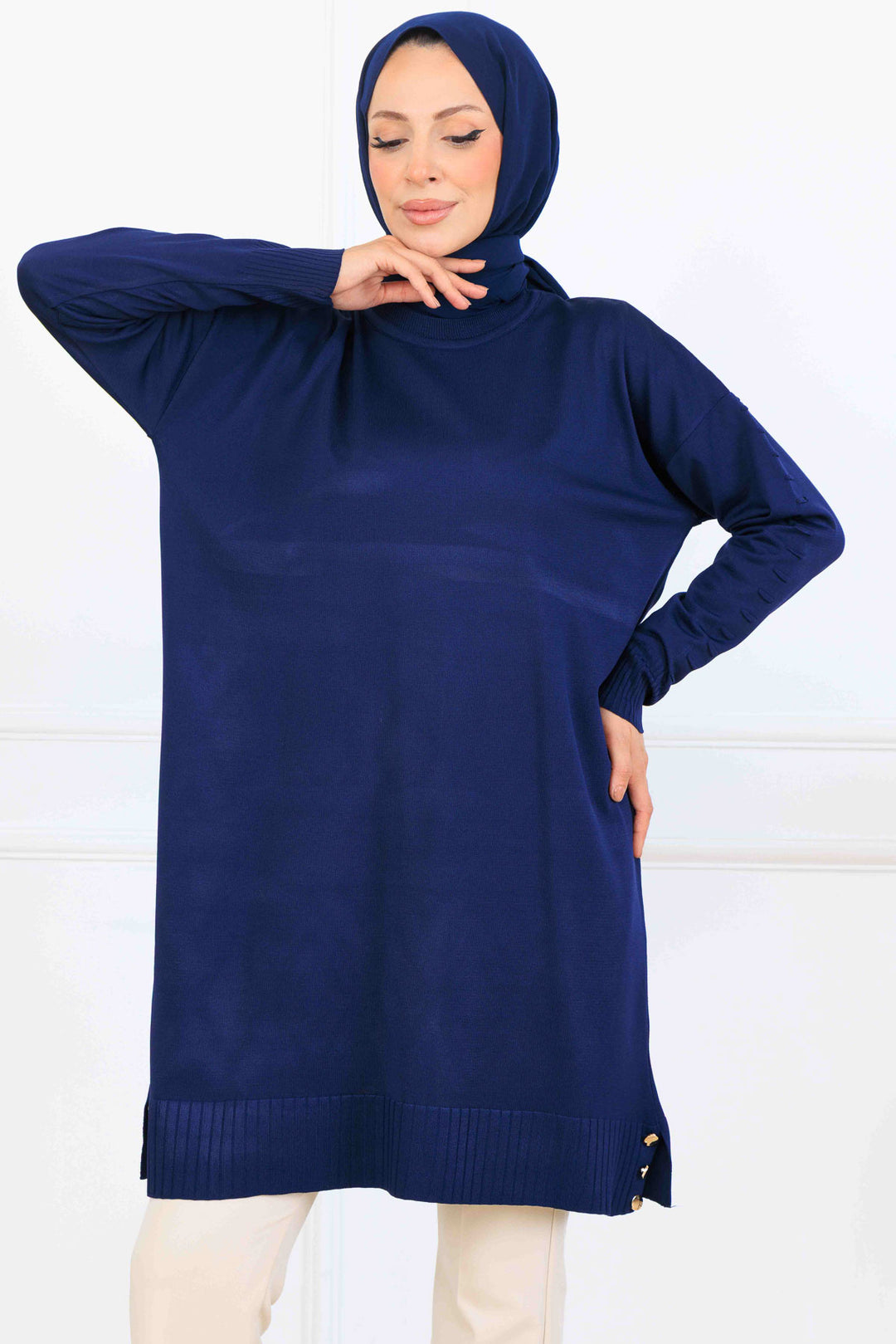 BNG Women Kolu Desenli Merserize Tunik K5012 Lacivert - Pachuca