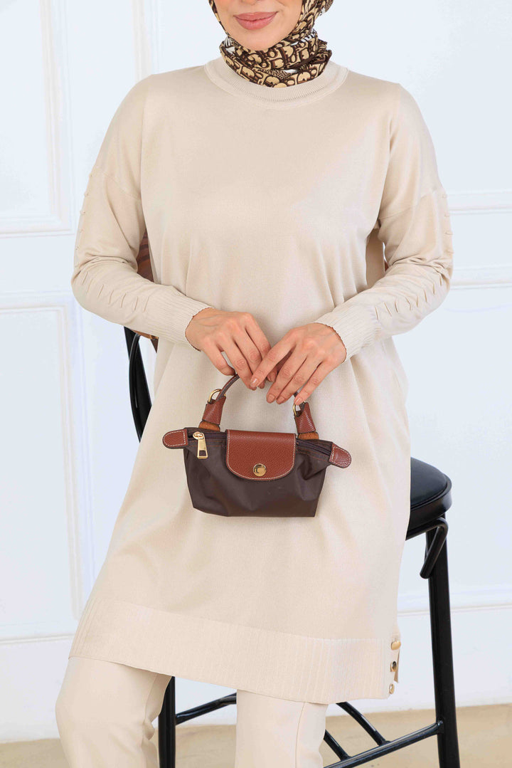 BNG Women Kolu Desenli Merserize Tunik K5012 Taş Rengi - Santa Ana