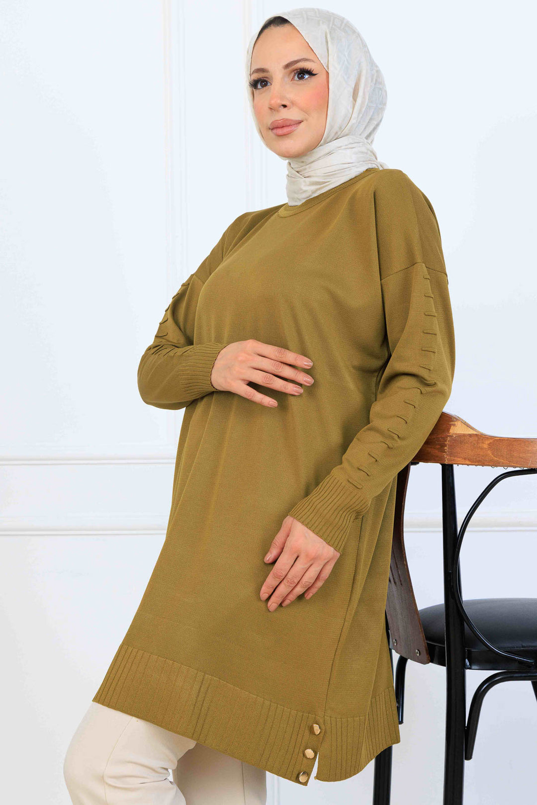 BNG Women Kolu Desenli Merserize Tunik K5012 Yağ Yeşili - Montebello