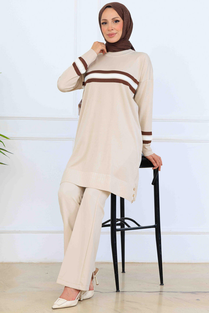 BNG Women Şerit Detaylı Merserize Tunik K5020 Bej - Reynoldsburg