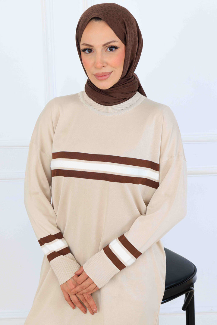 BNG Women Şerit Detaylı Merserize Tunik K5020 Bej - Reynoldsburg