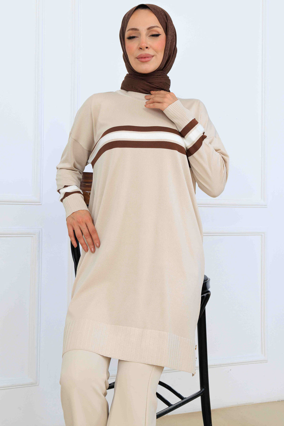 BNG Women Şerit Detaylı Merserize Tunik K5020 Bej - Reynoldsburg