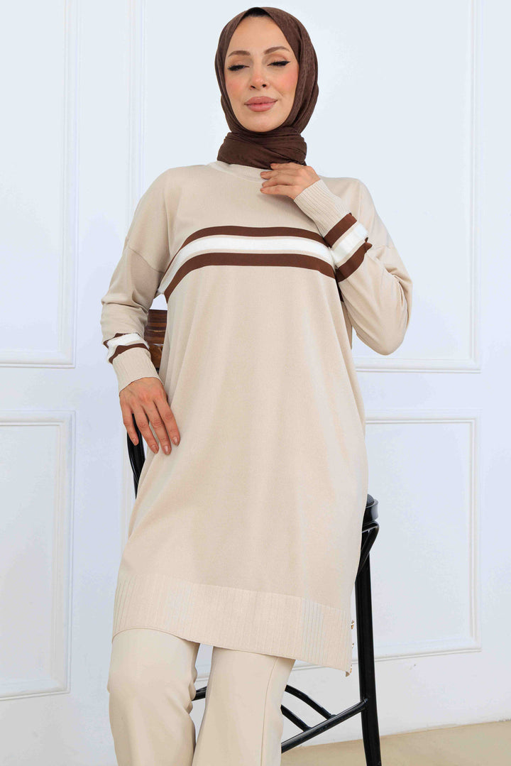 BNG Women Şerit Detaylı Merserize Tunik K5020 Bej - Reynoldsburg