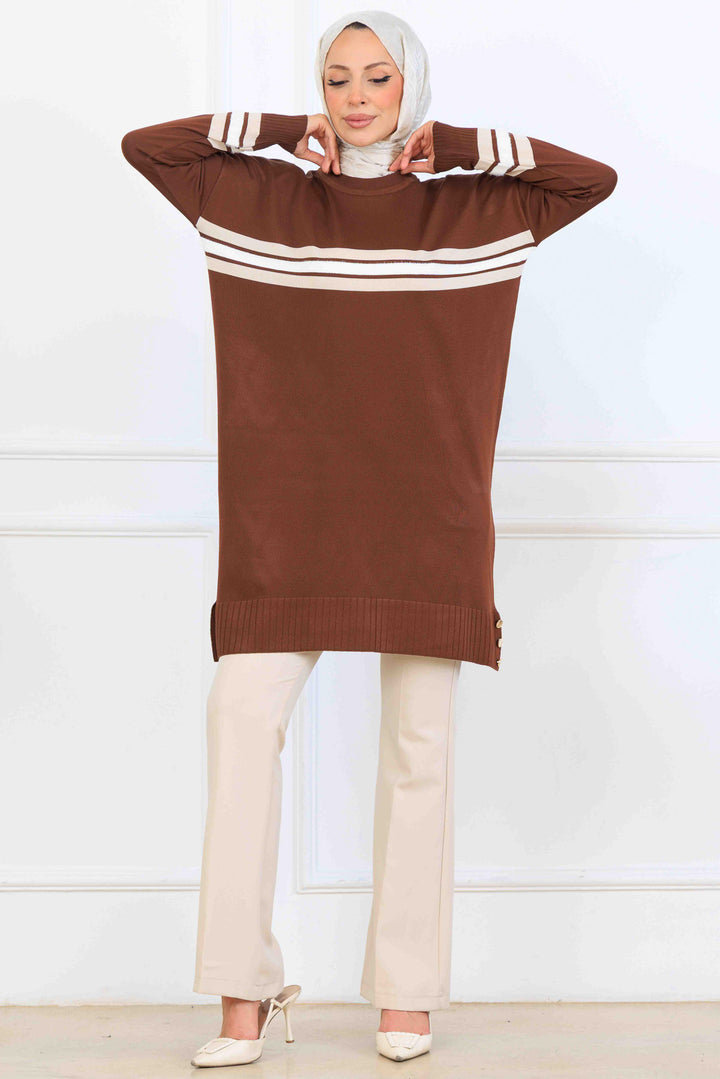 BNG Women Şerit Detaylı Merserize Tunik K5020 Kahverengi - Marbella