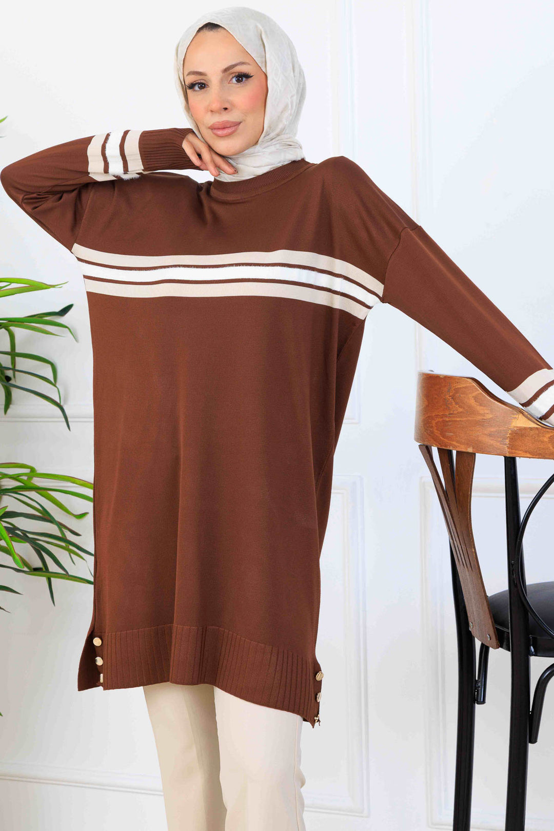 BNG Women Şerit Detaylı Merserize Tunik K5020 Kahverengi - Marbella