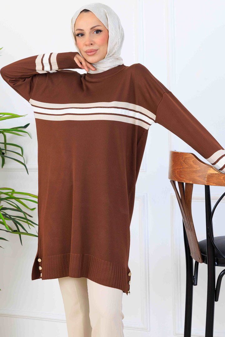 BNG Women Şerit Detaylı Merserize Tunik K5020 Kahverengi - Marbella