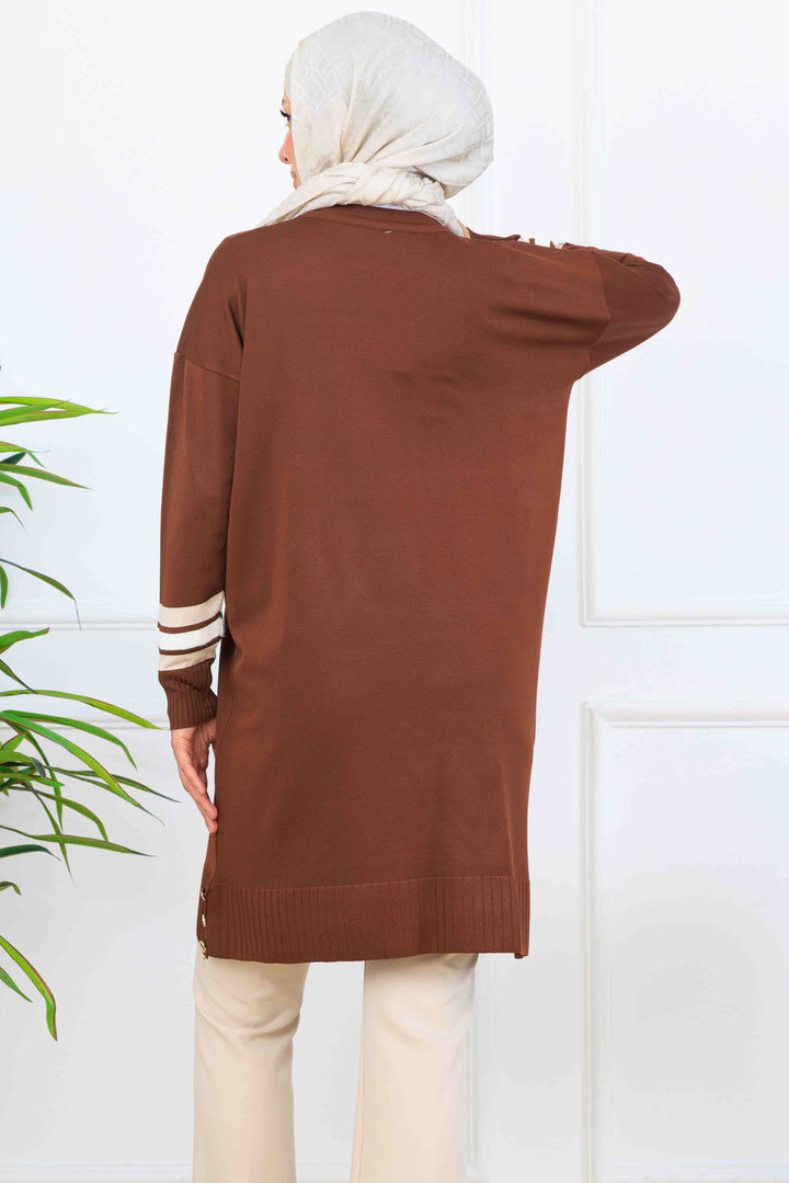 BNG Women Şerit Detaylı Merserize Tunik K5020 Kahverengi - Marbella