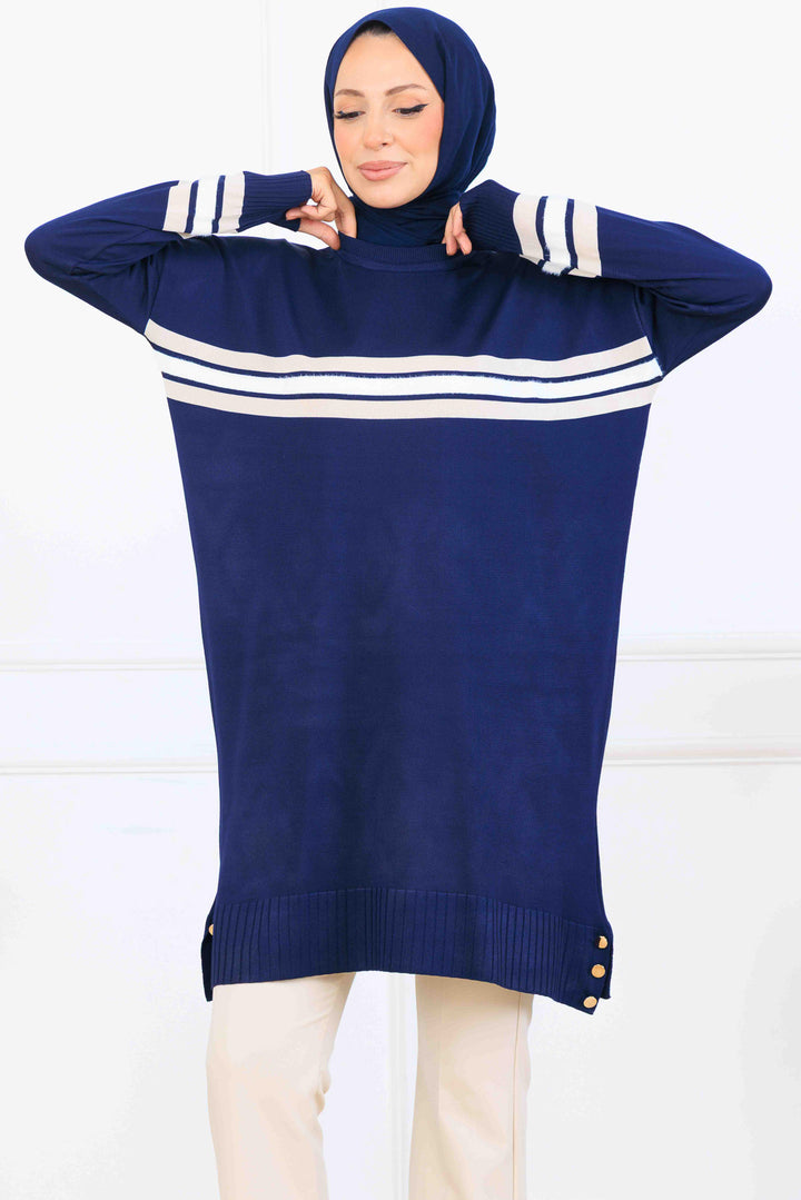 BNG Women Şerit Detaylı Merserize Tunik K5020 Lacivert - Figueras