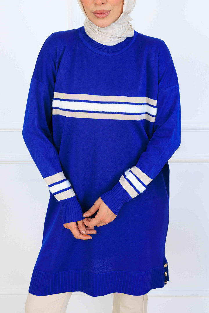 BNG Women Şerit Detaylı Merserize Tunik K5020 Saks Mavisi - Apaseo el Alto