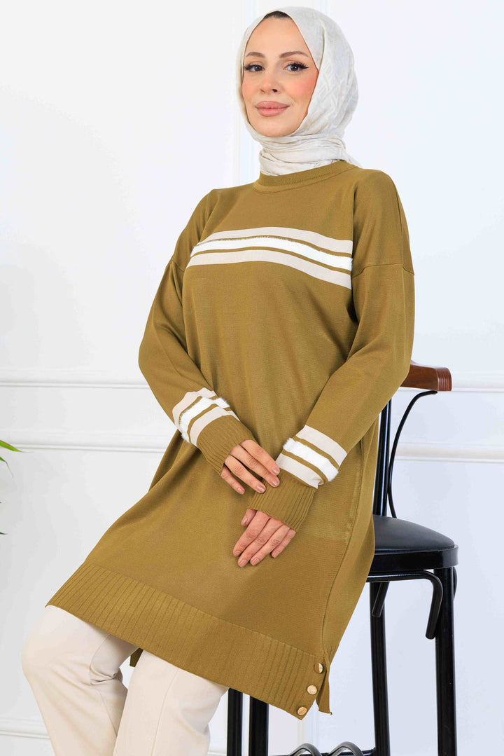 BNG Women Şerit Detaylı Merserize Tunik K5020 Yağ Yeşili - Lugoj