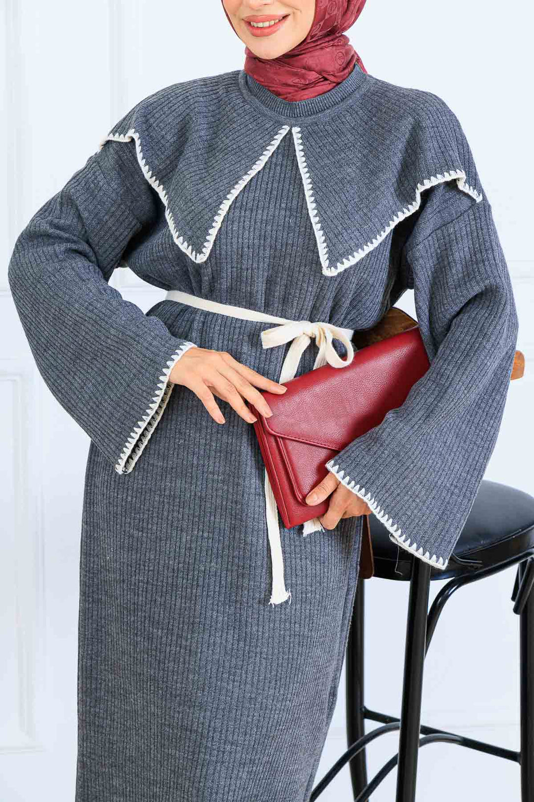 BNG Women Yaka Detaylı Triko Elbise K3036 Antrasit - El Pueblito