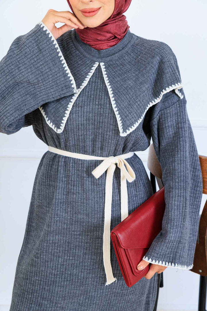 BNG Women Yaka Detaylı Triko Elbise K3036 Antrasit - El Pueblito