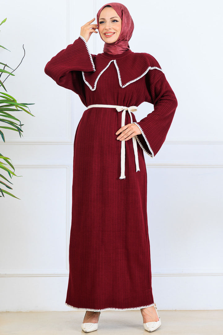 BNG Women Yaka Detaylı Triko Elbise K3036 Bordo - Worksop