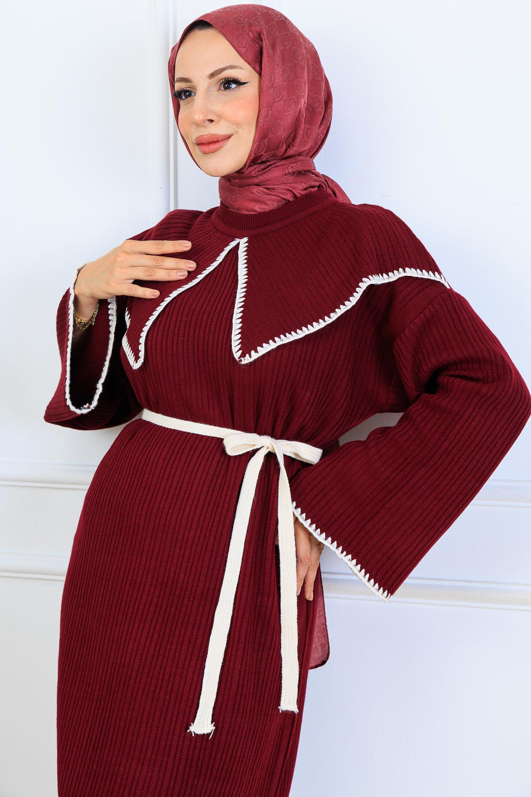 BNG Women Yaka Detaylı Triko Elbise K3036 Bordo - Worksop