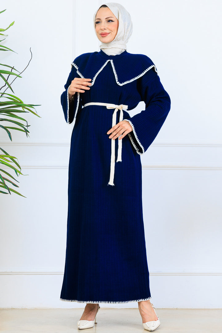 BNG Women Yaka Detaylı Triko Elbise K3036 Lacivert - Pavia