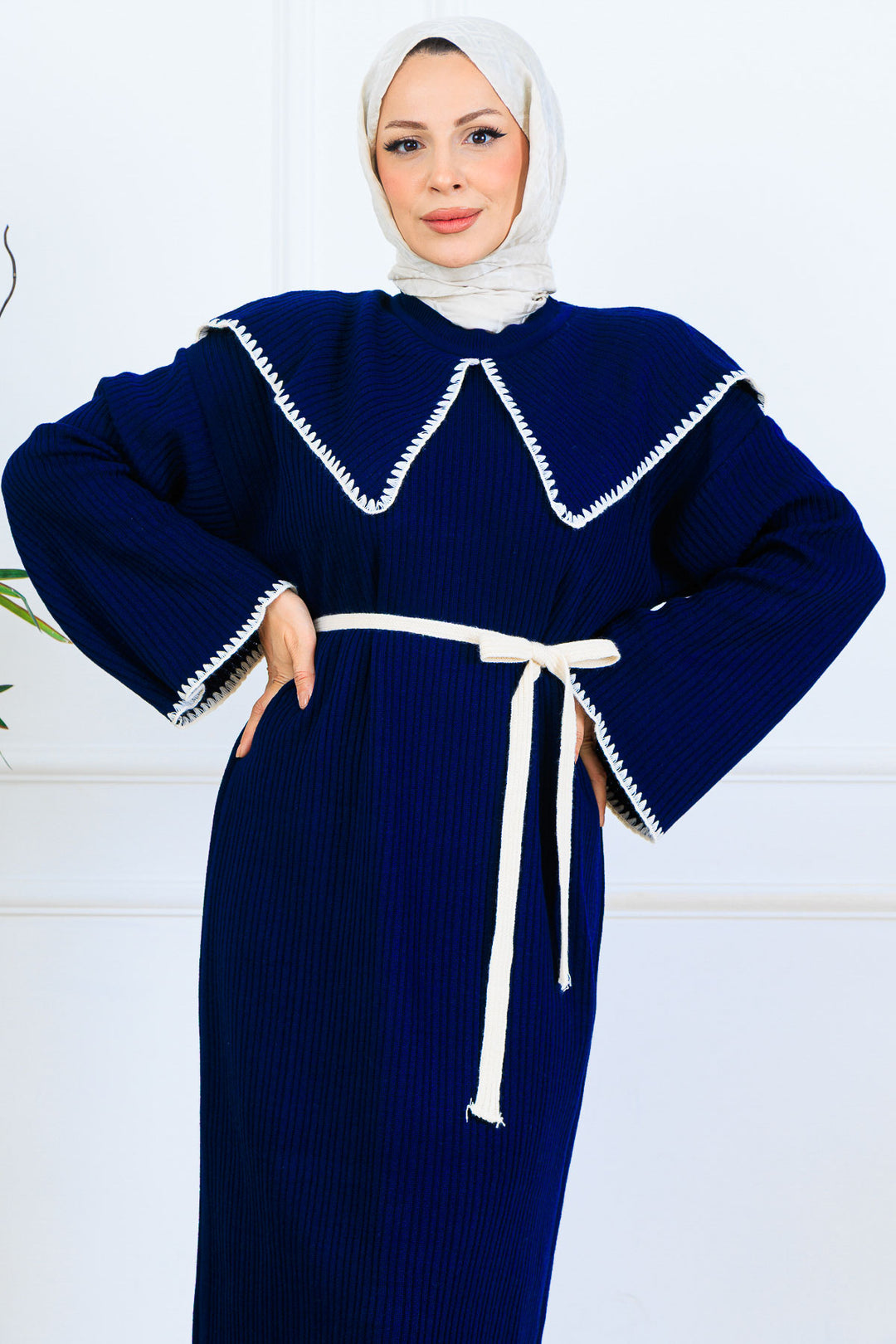 BNG Women Yaka Detaylı Triko Elbise K3036 Lacivert - Pavia