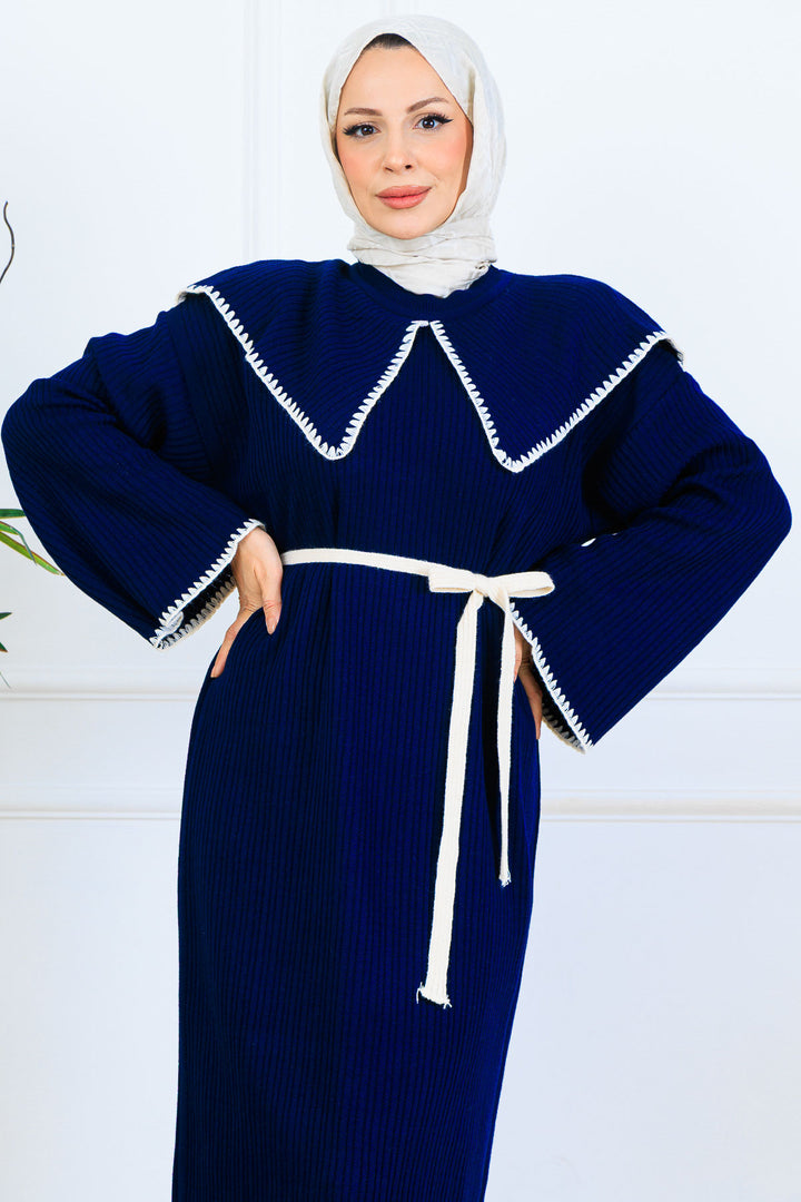 BNG Women Yaka Detaylı Triko Elbise K3036 Lacivert - Pavia