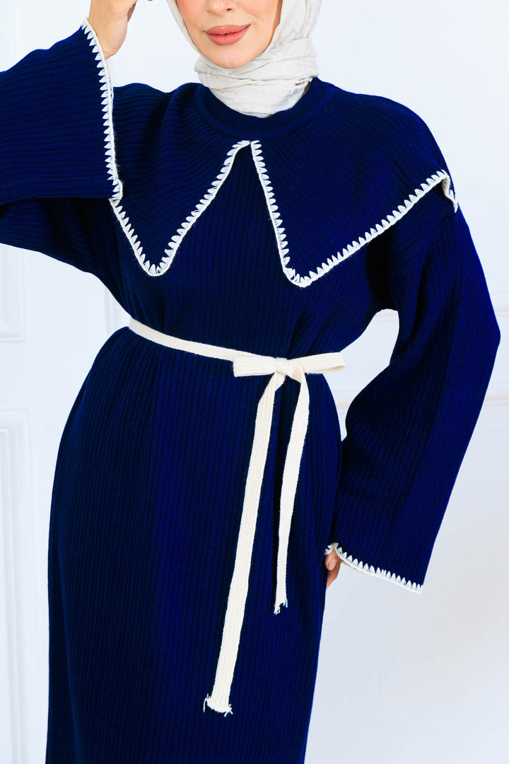 BNG Women Yaka Detaylı Triko Elbise K3036 Lacivert - Pavia