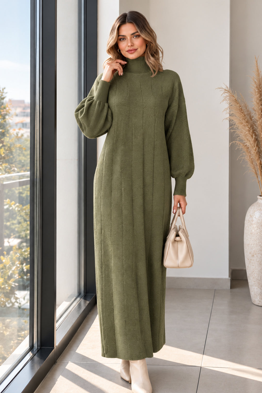BNG Women Dik Yaka Fitilli Triko Elbise K3051 Haki - Colorado Springs