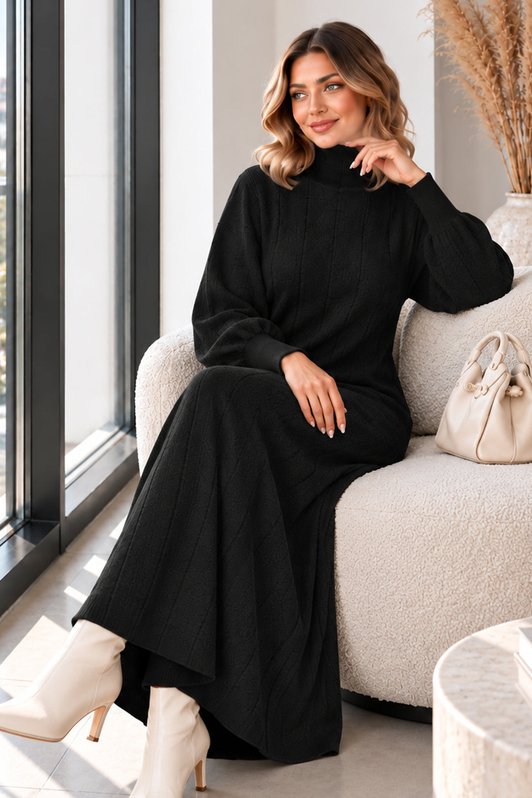 BNG Women Dik Yaka Fitilli Triko Elbise K3051 Siyah - Augusta