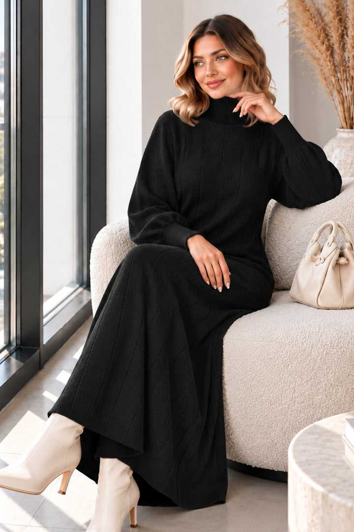 BNG Women Dik Yaka Fitilli Triko Elbise K3051 Siyah - Augusta