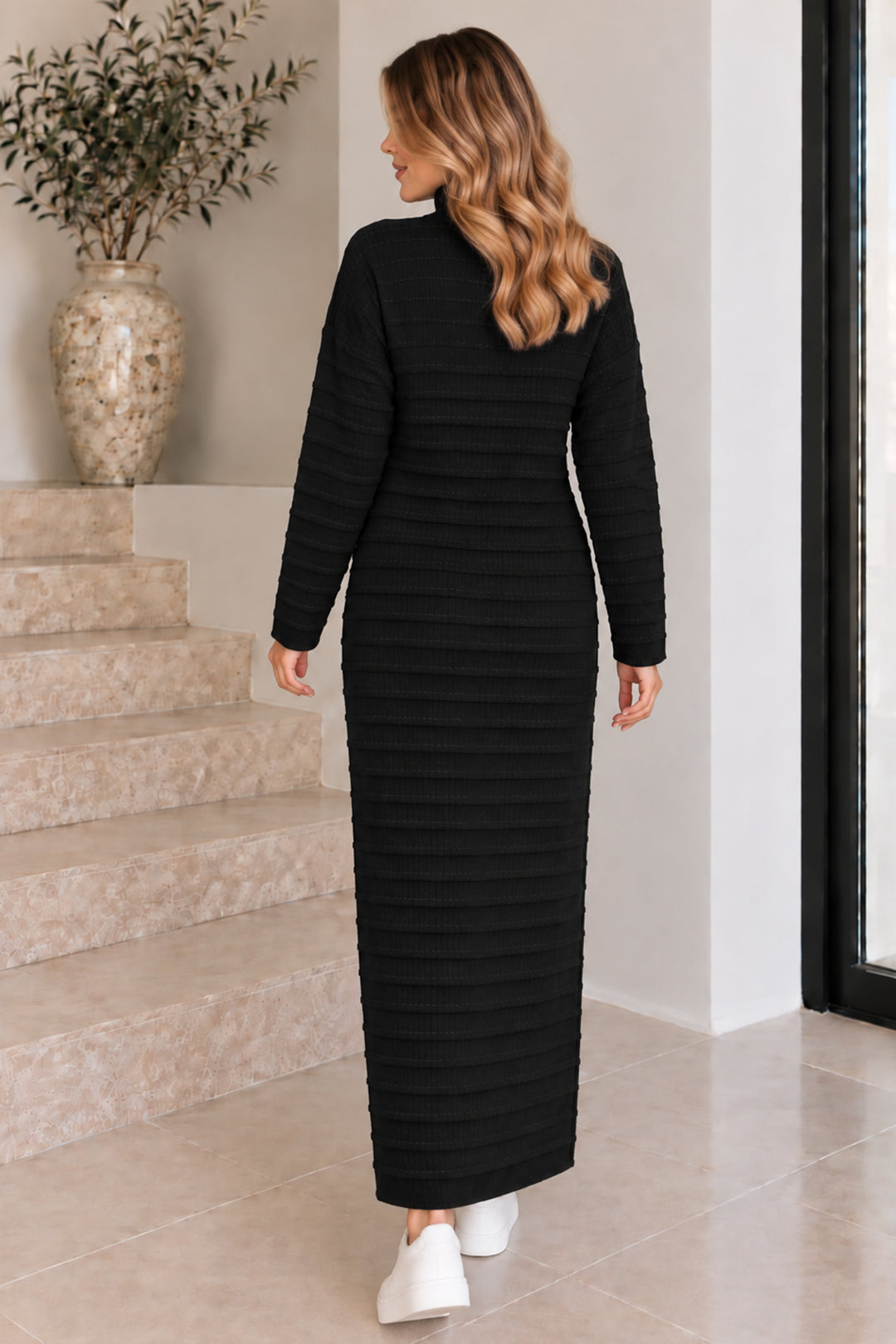 BNG Women Yakası Fermuarlı Fitilli Triko Elbise K3069 Siyah - Chester