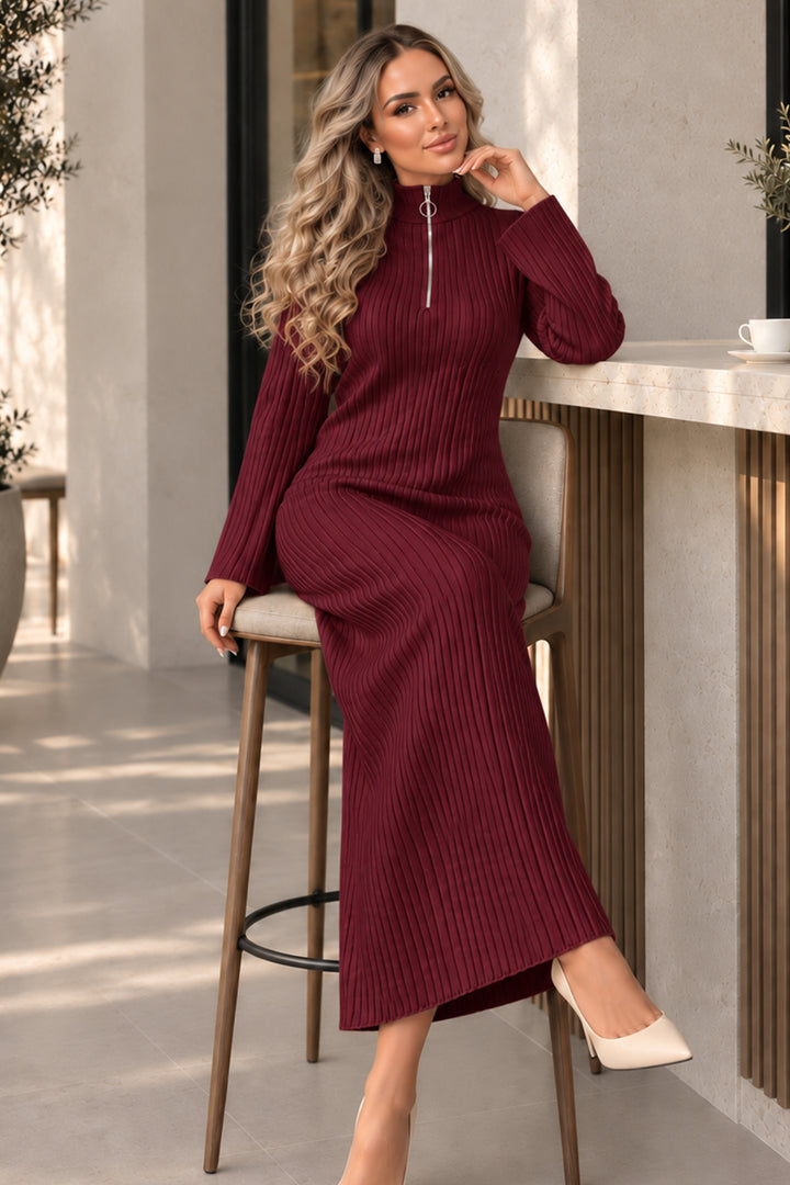 BNG Women Yakası Fermuarlı Fitilli Triko Elbise K3018 Bordo - Mazatlán